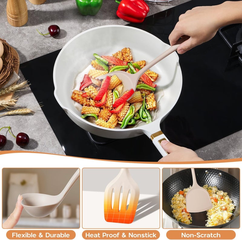 Onader Silicone Cooking Utensils Set of 10, Kitchen Utensils for Nonstick Cookware, Heat Resistant & Nontoxic Spatula Set- Khaki - Image 3